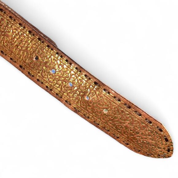 Golden Embossed Brown Leather Belt with Solid Brass Buckle size Medium - Picture 2 of 7